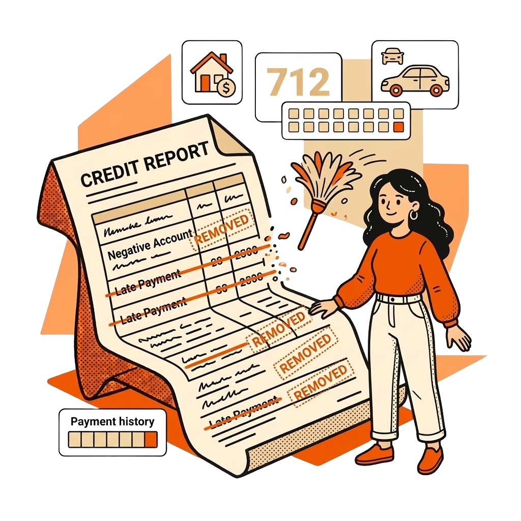 Illustration of Alaya holding up a sample credit report with a marked error, alongside her score and payment history cards