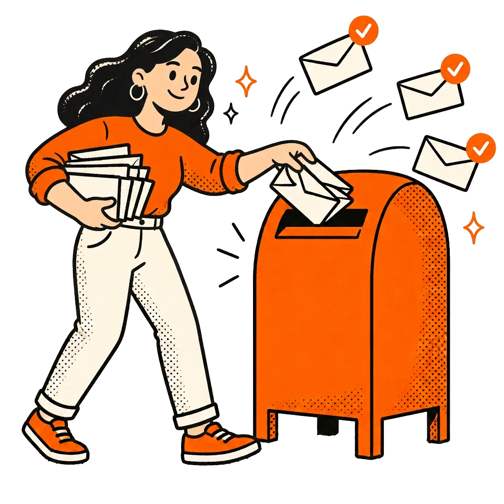 Illustration of a woman mailing a stack of letters
